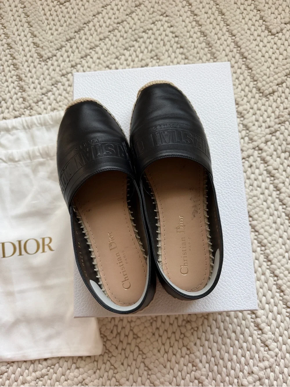 Dior Black Leather Espadrille Loafers with Natural Jute Trim